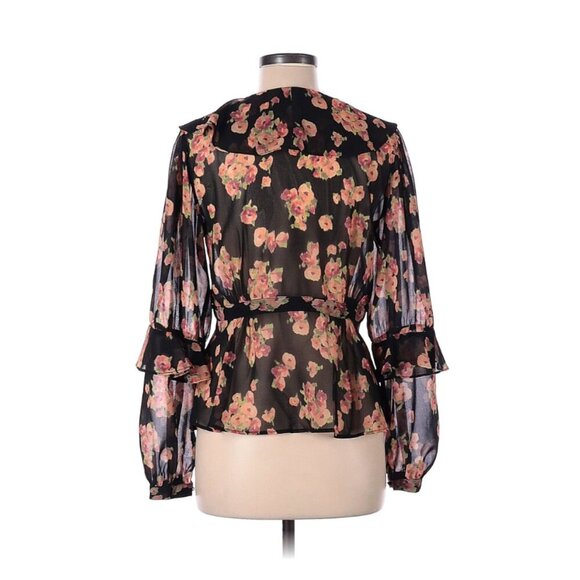 Topshop Black Floral Print Ruffle V Neck Women's Blouse Long Puff Sleeve Size 6 - Picture 3 of 5